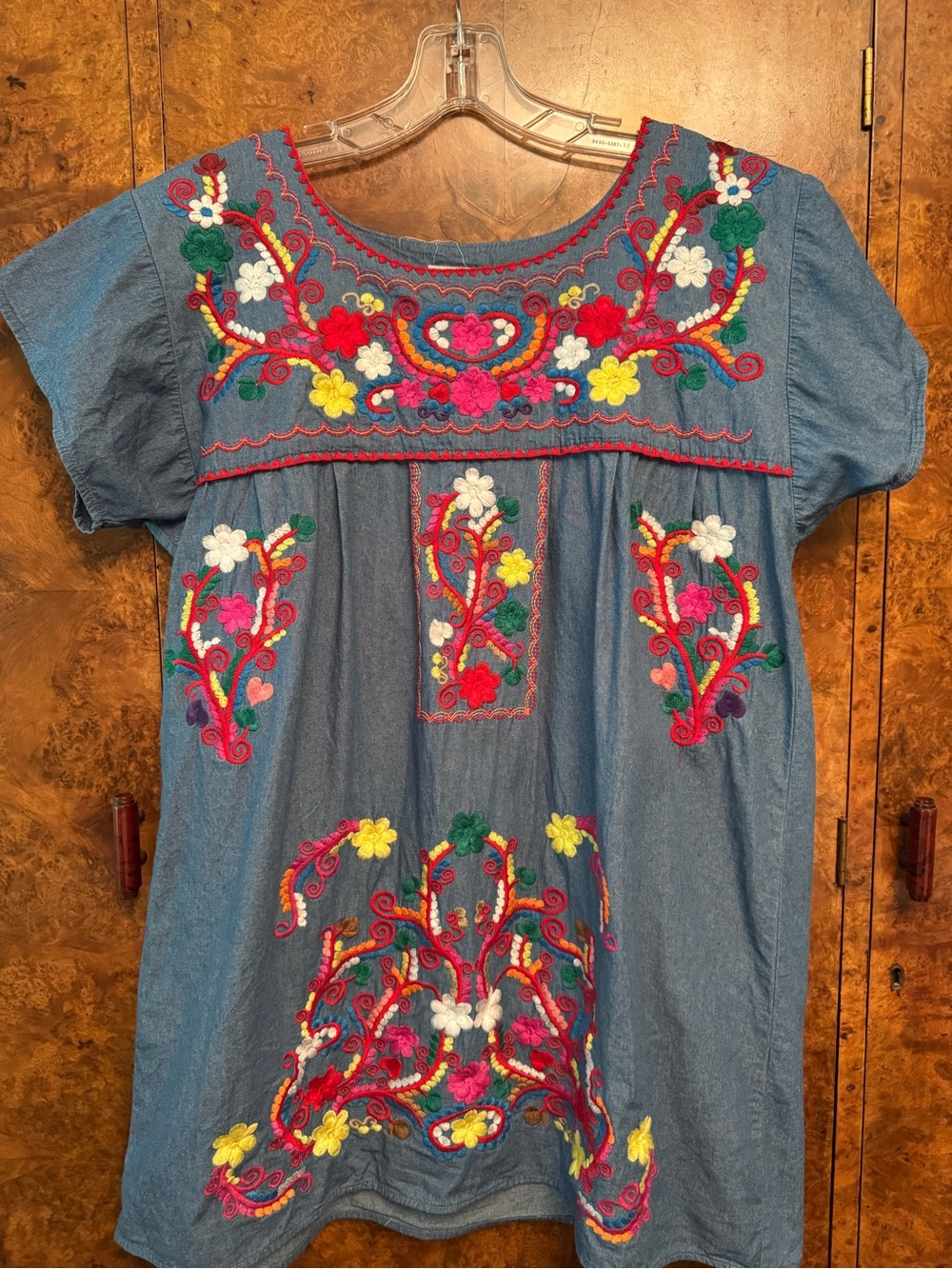 Embroidered Blue Mini Dress with Bright Floral Accents
